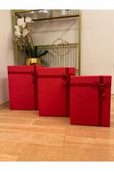 HEDİYE KUTUSU DEKORATİF KUTU DAMAT GELİN SÖZ FİYONKLU KIRMIZI KINA BOHÇA SETİ 3 LÜ +KEMER KUTUSU