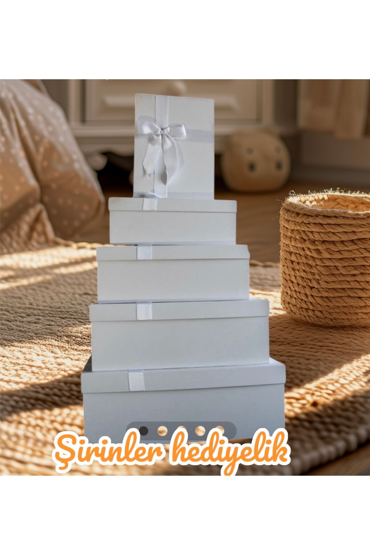 HEDİYE KUTUSU DAMAT BOHÇASI BEYAZ KURDELELİ 5 Lİ BÜYÜK BOY SERT MUKAVVA BOHÇA İÇİN EN İDEAL SET
