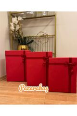 DAMAT BOHÇA SETİ BÜYÜK KIRMIZI  KURDELELİ  3 LÜ SET HEDİYE KUTUSU MUKAVVA XXL