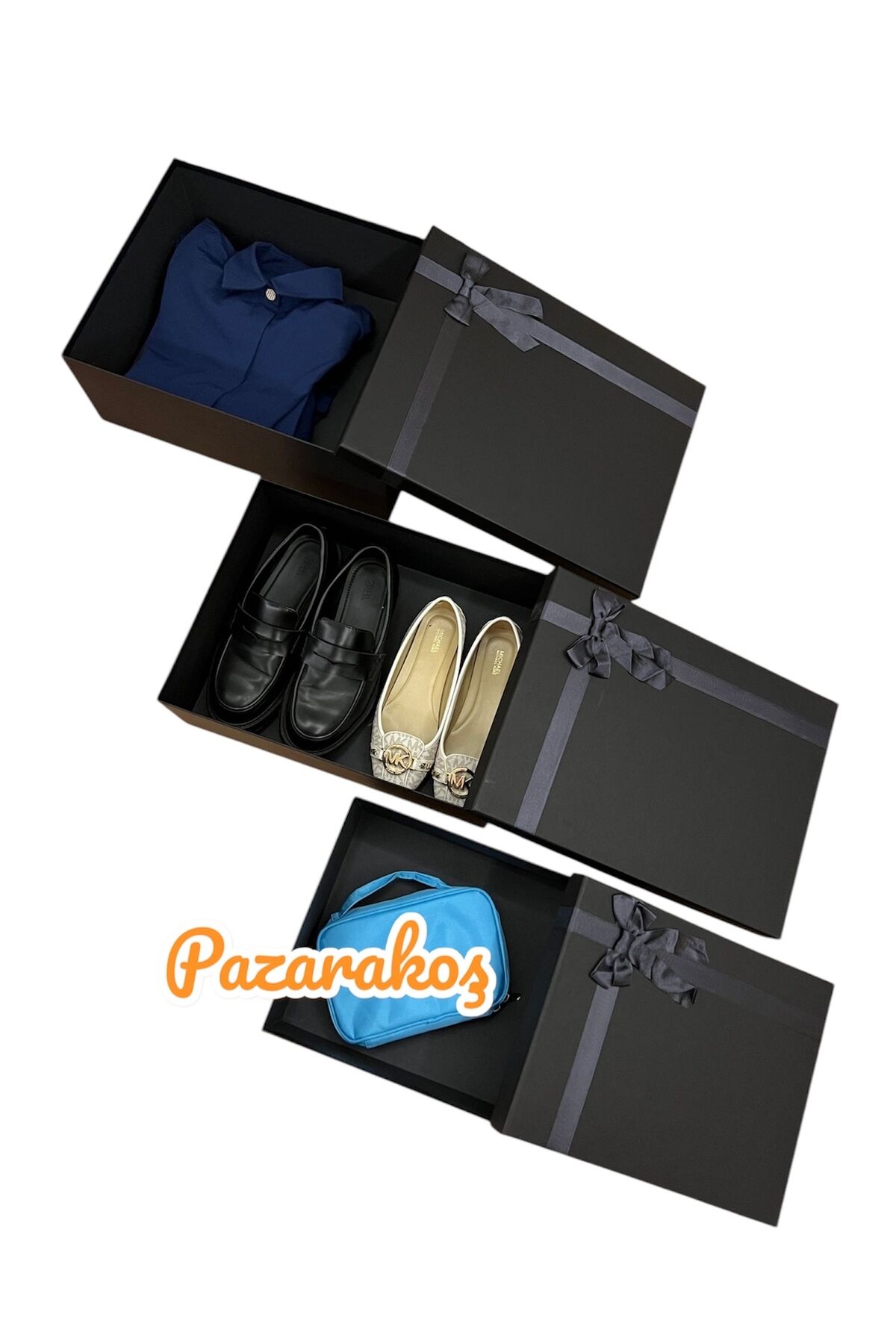 DAMAT BOHÇA SETİ BÜYÜK SİYAH KURDELELİ  3 LÜ SET HEDİYE KUTUSU MUKAVVA