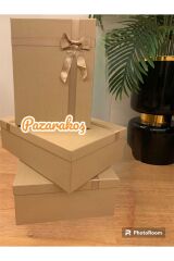 Hediye Kutusu Kıraft Kurdeleli Damat Gelin Çeyiz Bohça Kutusu Dekoratif Set 3 Lü Kıraft Mini