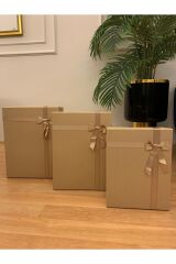 Hediye Kutusu Kıraft Kurdeleli Damat Gelin Çeyiz Bohça Kutusu Dekoratif Set 3 Lü Kıraft Mini