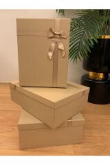 Hediye Kutusu Kıraft Kurdeleli Damat Gelin Çeyiz Bohça Kutusu Dekoratif Set 3 Lü Kıraft Mini