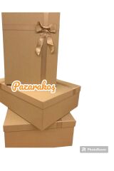 Hediye Kutusu Kıraft Kurdeleli Damat Gelin Çeyiz Bohça Kutusu Dekoratif Set 3 Lü Kıraft Mini