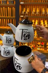 Emaye Gold Kulplu Çaydanlık Demlik Siyah Beyaz Tea Yazılı Pinterest Çeyiz Takımı Beyaz