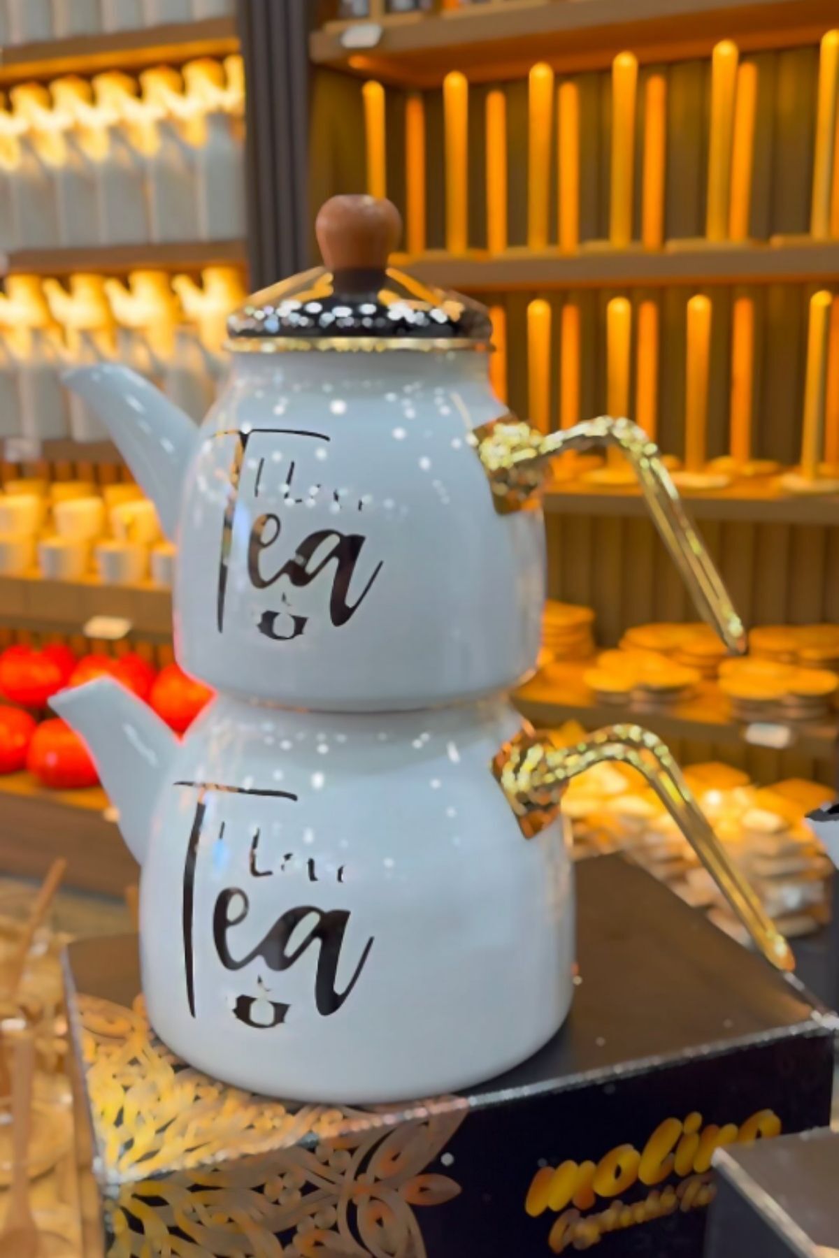 Emaye Gold Kulplu Çaydanlık Demlik Siyah Beyaz Tea Yazılı Pinterest Çeyiz Takımı Beyaz