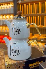 Emaye Gold Kulplu Çaydanlık Demlik Siyah Beyaz Tea Yazılı Pinterest Çeyiz Takımı Beyaz