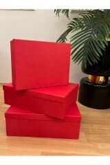 HEDİYE KUTUSU DEKORATİF KUTU HEDİYELİK KUTU KIRMIZI DAMAT BOHÇA SETİ 3 LÜ