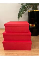HEDİYE KUTUSU DEKORATİF KUTU HEDİYELİK KUTU KIRMIZI DAMAT BOHÇA SETİ 3 LÜ