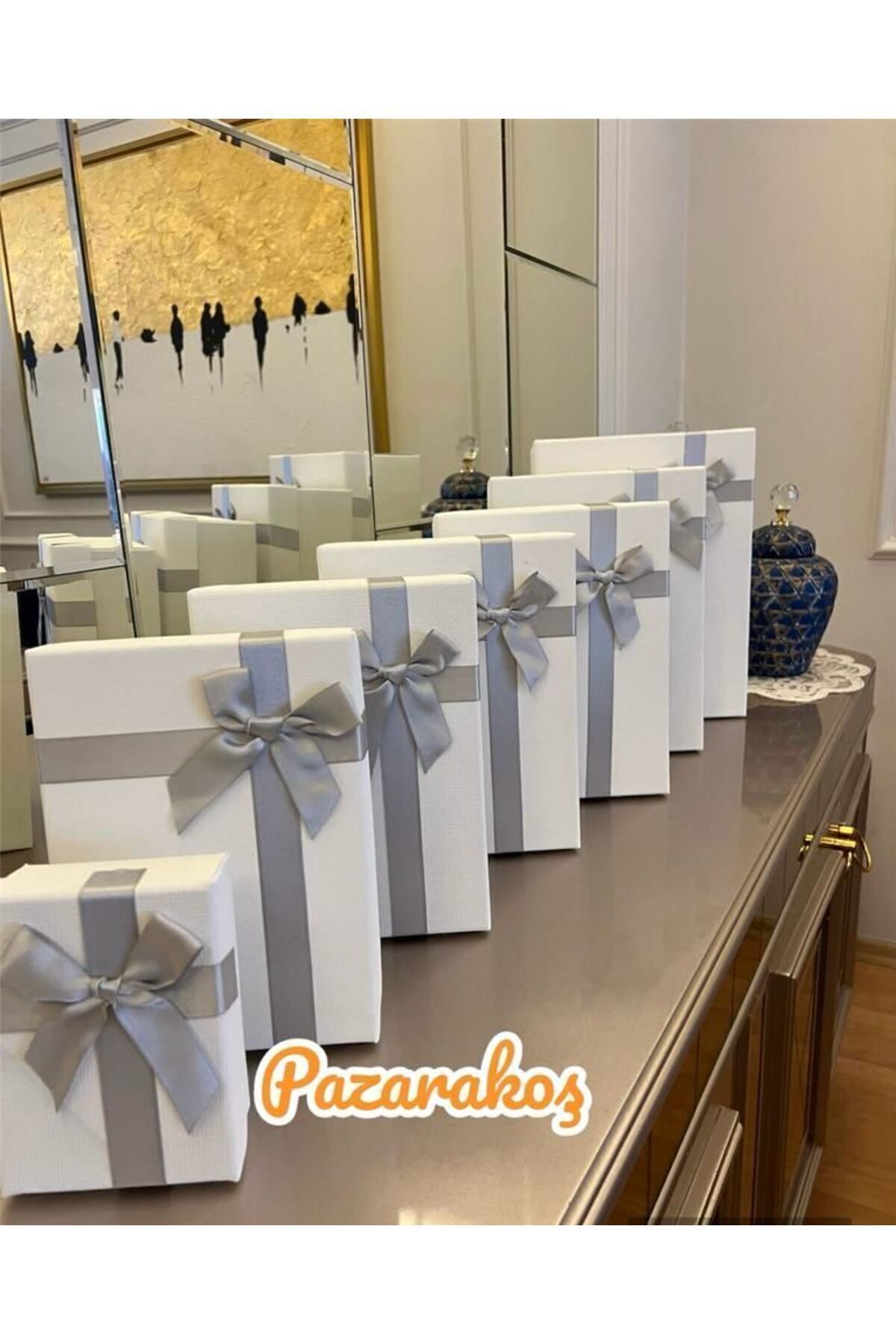 Hediye Kutusu Damat Gelin Söz Bohça Seti beyazFiyonklu 7 Li Dekoratif Sert Mukavva Kutu