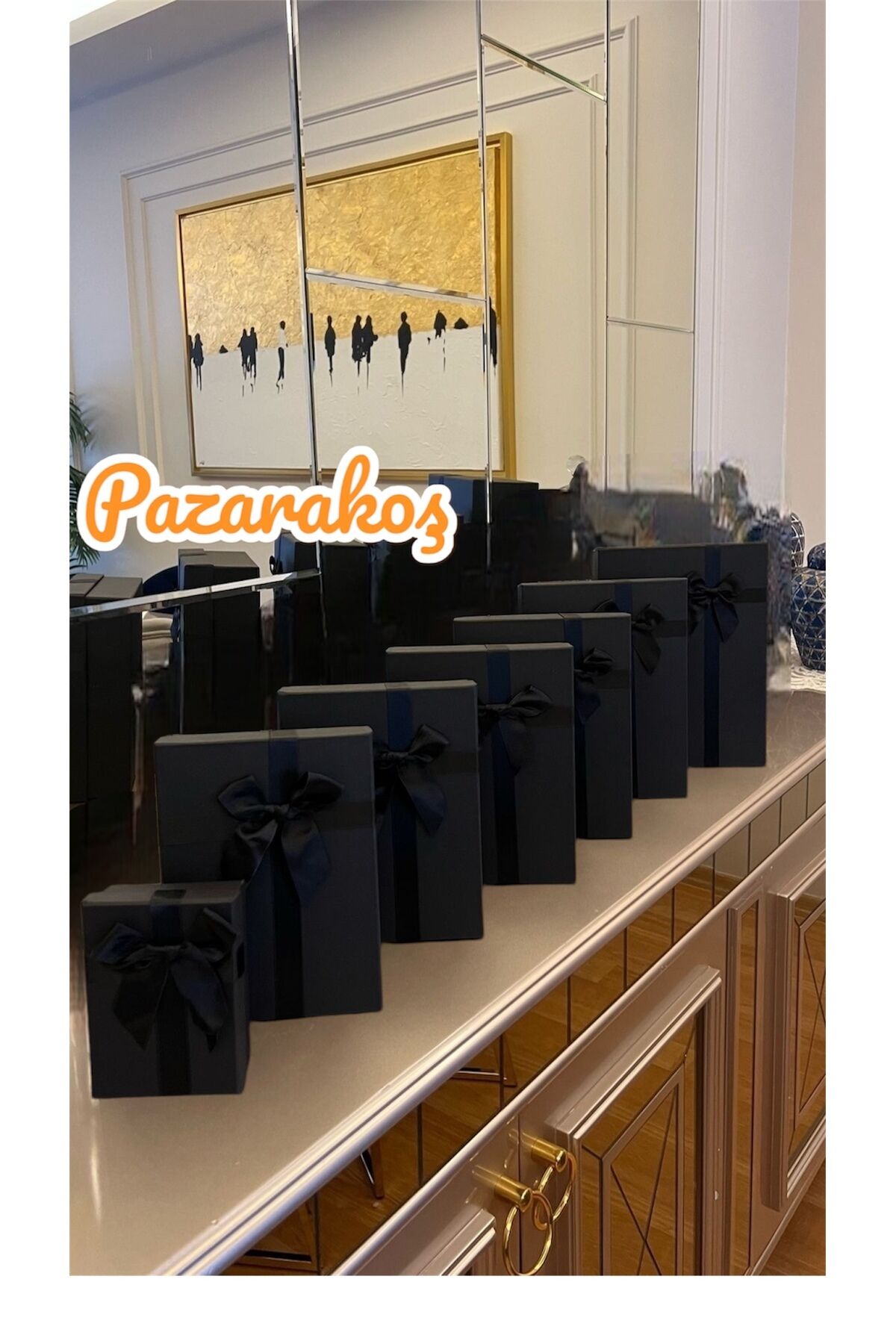 Hediye Kutusu Damat Gelin Söz Bohça Seti Siyah Fiyonklu 7 Li Dekoratif Sert Mukavva Kutu