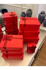 Hediye Kutusu Damat Gelin Söz Bohça Seti kırmızı Fiyonklu 7 Li Dekoratif Sert Mukavva Kutu