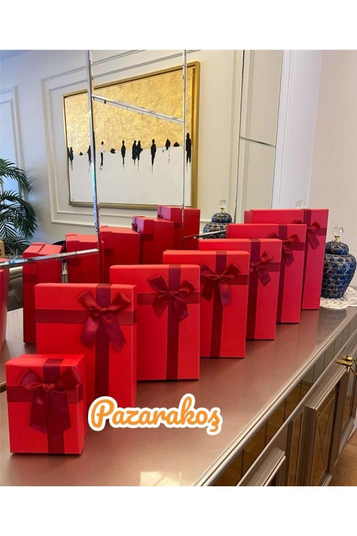 Hediye Kutusu Damat Gelin Söz Bohça Seti kırmızı Fiyonklu 7 Li Dekoratif Sert Mukavva Kutu