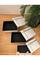 HEDİYE KUTUSU DEKORATİF KUTU DAMAT GELİN SÖZ FİYONKLU BEYAZ KINA BOHÇA SETİ 3 LÜ +KEMER KUTUSU