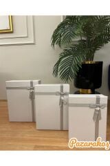 HEDİYE KUTUSU DEKORATİF KUTU DAMAT GELİN SÖZ FİYONKLU BEYAZ KINA BOHÇA SETİ 3 LÜ +KEMER KUTUSU